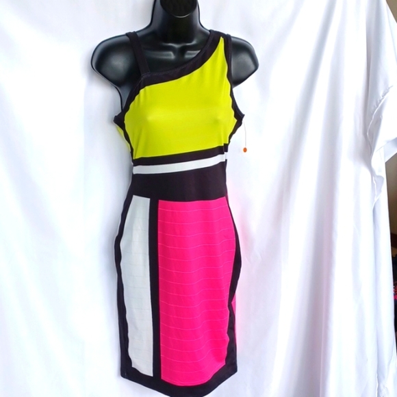 Shein One Shoulder Color block Bodycon dress, S (4), Neon - Picture 1 of 8